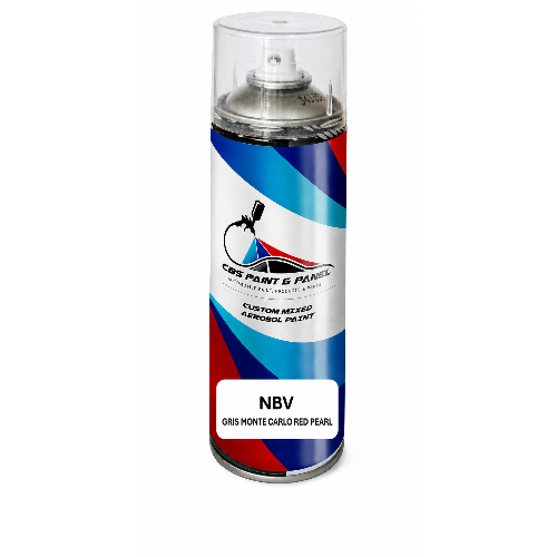 A can of CBS Paint & Panel Custom Mixed Aerosol Paint in the shade NBV Gris Monte Carlo Red Pearl, featuring a white label with blue and red graphic accents on a white background.